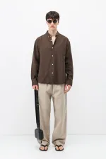 Basic Oversize Pamuk  Keten Gömlek Kahve