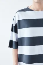 Digitally Printed Striped 100% Cotton Oversize T-Shirt, Dark Gray