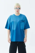 Yıkamalı Cep Detaylı Oversize Tişört İndigo