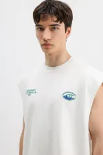 Oversize Baskılı Kolsuz Tişört Beyaz