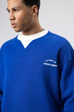 Oversize Bisiklet Yaka Baskılı Sweatshirt Saks