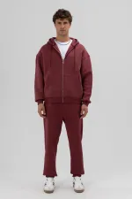 Basic Fermuarlı Oversize Kapüşonlu Sweatshirt Bordo