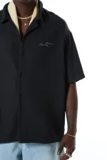 Yıkamalı Oversize Arka Baskılı Kısa Kol Cepsiz Gömlek Siyah