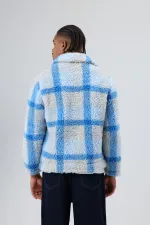 Oversize Peluş Ekose Ceket Mavi