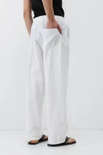 Bel Lastikli Baggy Fit Keten Pantolon Beyaz