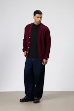 V Yaka Düğmeli Örgü Hırka Kazak Bordo