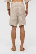 Oversize Çizgili Keten Şort Siyah