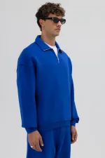 Oversize Fermuarlı Dik Yaka Sweatshirt Saks