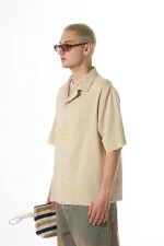 Dikişsiz Kısa Kol Cepsiz Oversize Keten Gömlek Bej
