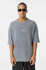 Yıkamalı Arka Baskılı Oversize Tişört Gri