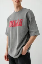 Yıkamalı Baskılı Oversize Tişört Füme