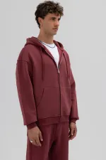 Basic Fermuarlı Oversize Kapüşonlu Sweatshirt Bordo