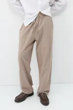 Pantalon ample en lin avec taille élastiquée, couleur vison