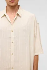 Oversize Çizgili Kısa Kollu Keten Gömlek Beyaz
