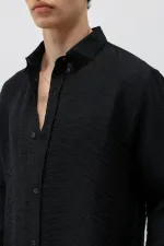Dokulu Oversize Gömlek Siyah