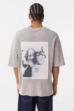 Yıkamalı Arka Baskılı Oversize Tişört Taş