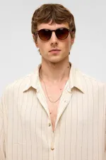 Oversize Çizgili Kısa Kollu Keten Gömlek Vizon