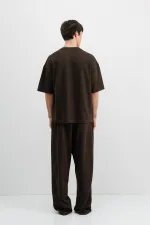 Fitilli Dokulu Oversize Tişört Koyu Kahve