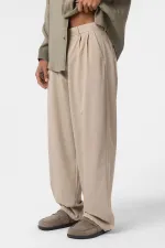 Baggy Fit Pleated Fabric Pants Stone