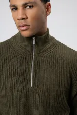 Fermuarlı Örme Triko Kazak Haki