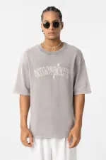 Yıkamalı Oversize Baskılı Tişört Taş