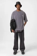 Yıkamalı Oversize Ekose Detaylı Tişört Füme