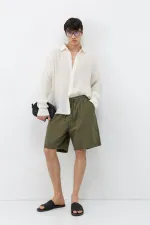 Oversize Keten Şort Haki