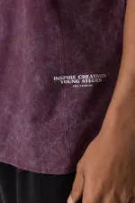 Yıkamalı Yazı Baskılı Oversize Kısa Kol Gömlek Bordo