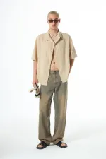 Dikişsiz Kısa Kol Cepsiz Oversize Keten Gömlek Bej