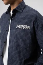 Oversize Baskılı Günlük Kareli Gömlek Lacivert