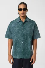 Yıkamalı Yazı Baskılı Oversize Kısa Kol Gömlek Nefti