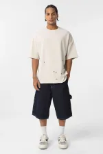 Yıkamalı Metal Detaylı Oversize Tişört Taş