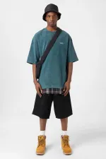 Washed Oversize Plaid Detail T-Shirt, Petrol