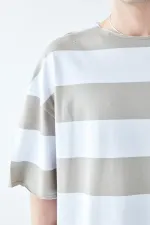 Digitally Printed Striped 100% Cotton Oversize T-Shirt, Khaki
