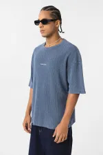 Yıkamalı Arka Baskılı Oversize Tişört İndigo