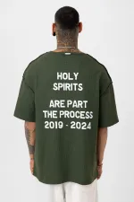 Arka Yazı Baskılı Oversize Triko Tişört Haki