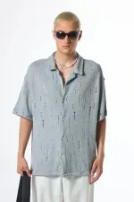 Oversize Deliklı Triko Gömlek Gri