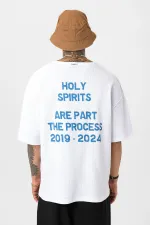 Arka Yazı Baskılı Oversize Triko Tişört Beyaz