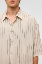 Oversize Çizgili Kısa Kollu Keten Gömlek Siyah