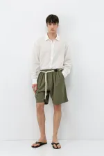 Short en lin kaki oversize avec ceinture