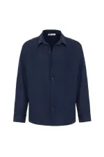 Basic Oversize Uzun Kollu Keten Gömlek Lacivert