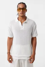 Polo Yaka Triko Oversize Tişört Ekru