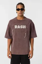 Yıkamalı Oversize Baskılı Tişört Kahve