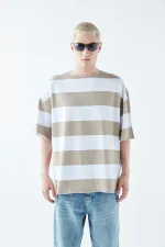 Dijital Baskılı Şeritli %100 Pamuk Oversize Tişört Vizon