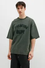 Yıkamalı Yazı Baskılı Oversize Tişört Nefti