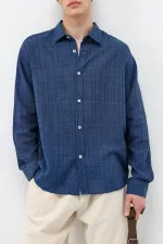 Dokulu Keten Görünümlü Oversize Gömlek Lacivert