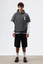 Oversize Kol Detaylı Kapüşonlu Sweatshirt Füme