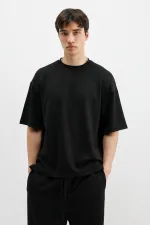Fitilli Dokulu Oversize Tişört Siyah