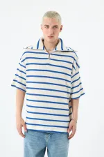 Oversize Çizgili Fermuarlı Yaka Triko Tişört Saks