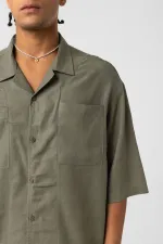 Double Pocket Oversize Linen Shirt Khaki